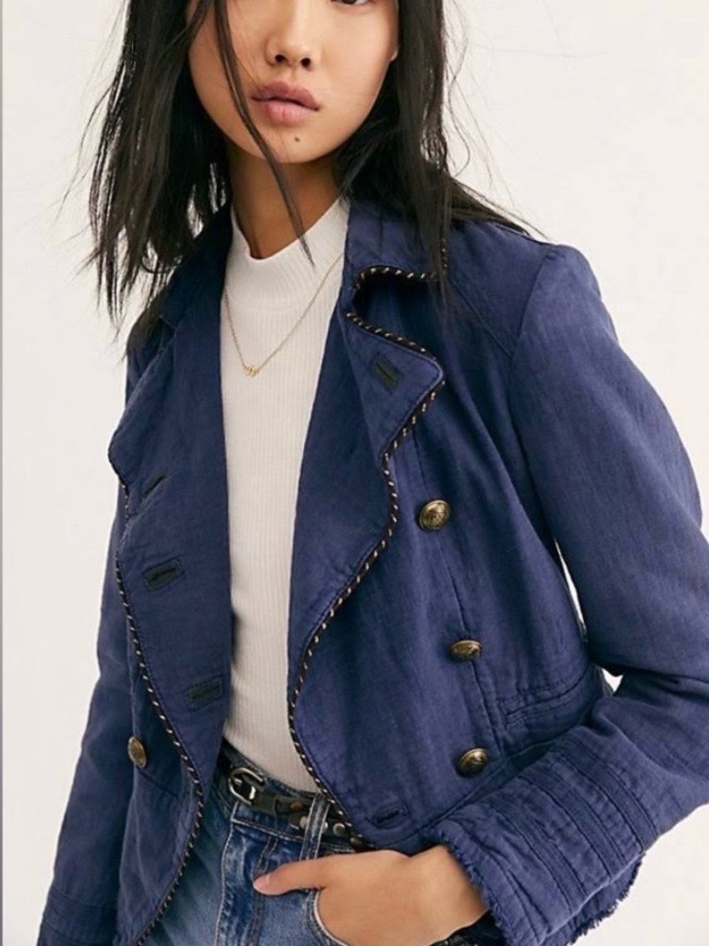 Free People Linen Blend Cadet Coat Jacket Blue Medium